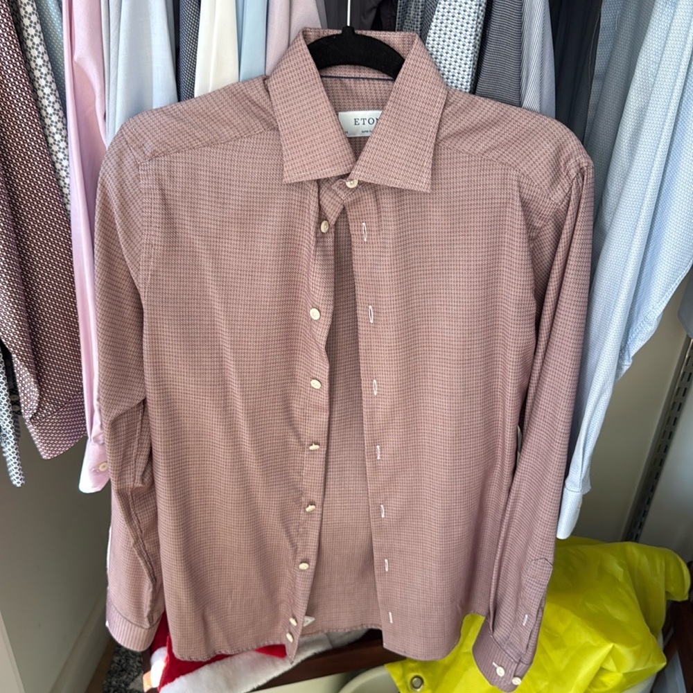 Worn once Eton Mens Button-Up Crimson Maroon Dot Long Sleeve 15 Super Slim